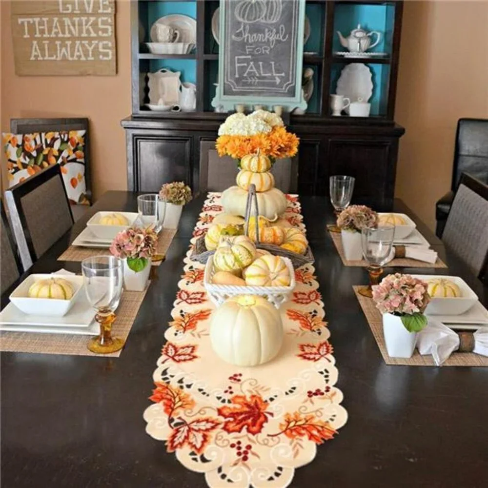 Embroidered fall table runner maple leaves harvest thanksgiving table linen deco